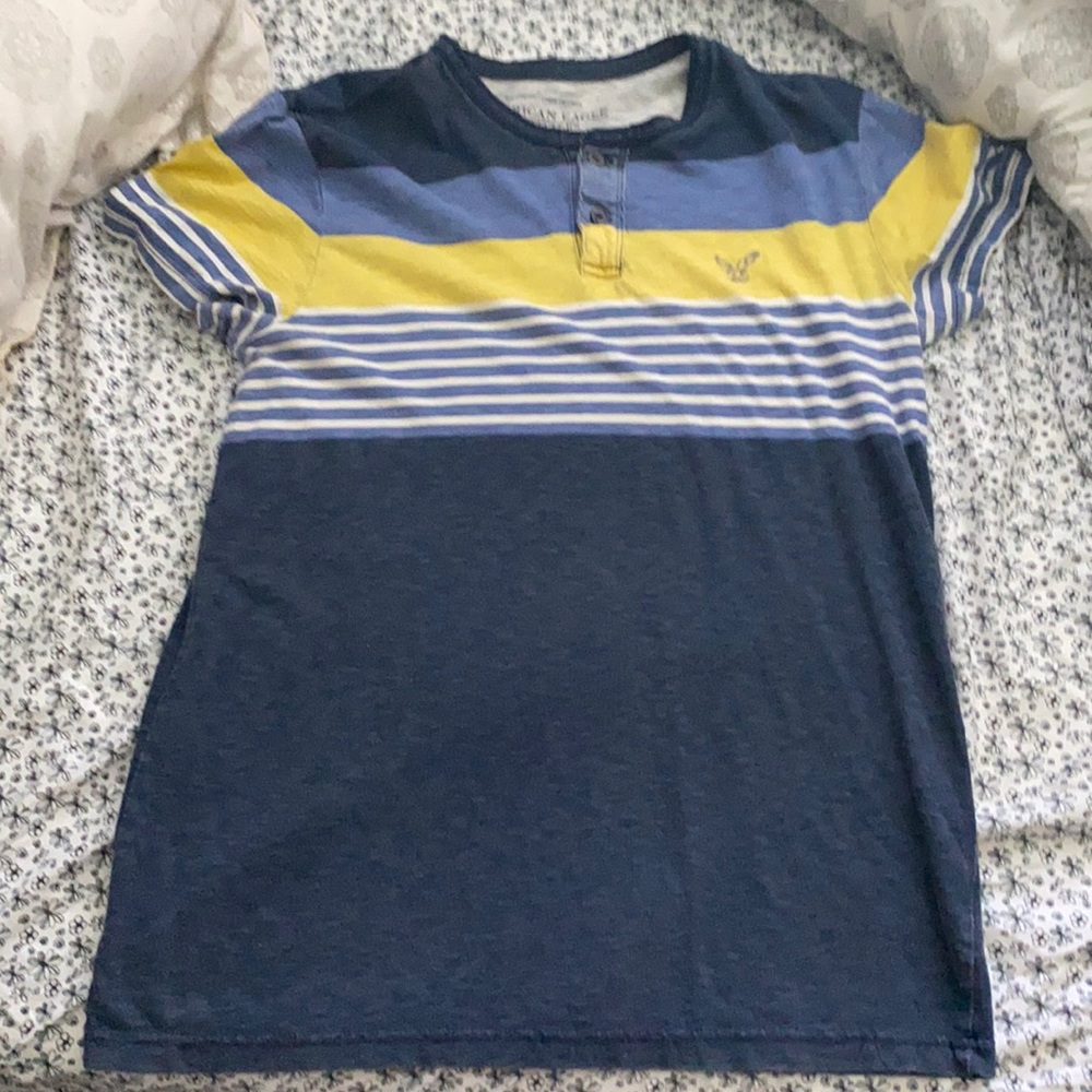American Eagle Outfitters blue and yellow shirt.